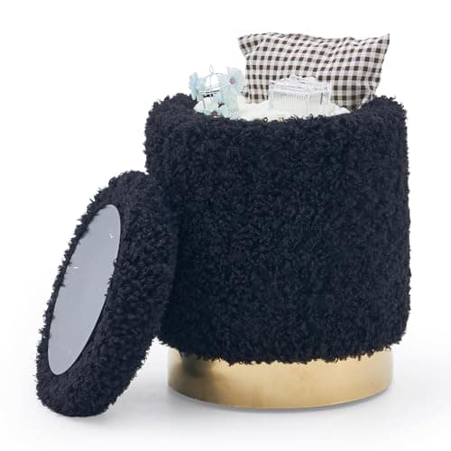 Mxfurhawa Velvet Storage Ottoman Multipurpose Footrest Stool with Metal Base Modern Round Vanity Stool Chair Ottoman Foot Stools Support 300 lbs Padded Seat for Living Room (Black-Long Wool) - Image 1