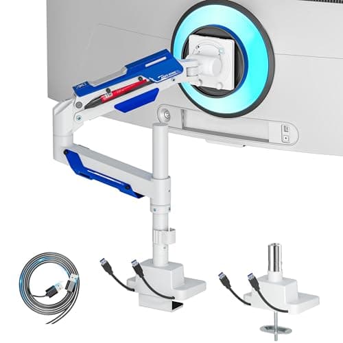 ARES WING CoreArm Single Monitor Mount with USB, Ultrawide Monitor Arm for 24 to 57'' Heavy Duty Curved Screen, Adjustable Gas Spring Monitors Arm Stand up to 66LBS with 75/100/200 Vesa Mount, White - Image 1