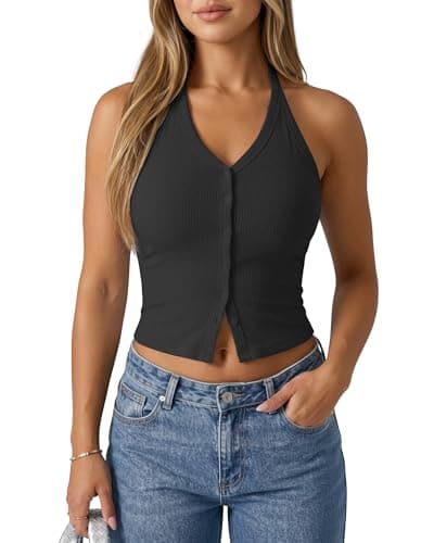 G4Free Halter Cropped Tank Tops for Women Y2K Backless Ribbed Slim Fit Camisole Open Back Going Out Cami Top (Black,M) - Image 1