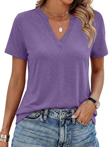 YESTTO Womens V Neck Summer Tops Short Sleeve T Shirts Loose Fit Casual Tee Trendy Basic Tops Lightweight Breathable Fashion Clothes 2026 Purple - Image 1