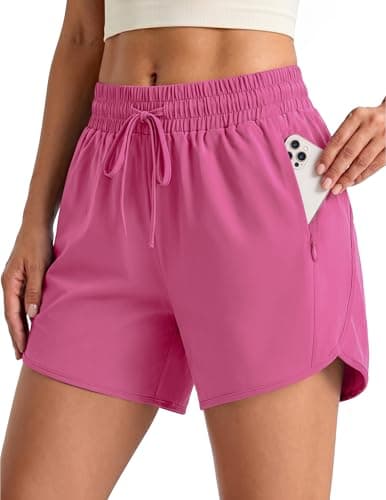 Aprolive Running Athletic Shorts for Women with Zipper Pockets 4'' Drawstring High Waisted Quick Dry Fashion Workout Gym Short (Rose, S) - Image 1