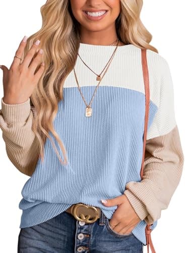 Dokotoo Womens Pullover Fall Tops for Women Ladies Crewneck Long Sleeve Shirts Colorblock Tunics Blouses Summer Casual Loose Fit Tops Cute Fashion Knit Tops Vacation Outfits 2026 White Blue Medium - Image 1
