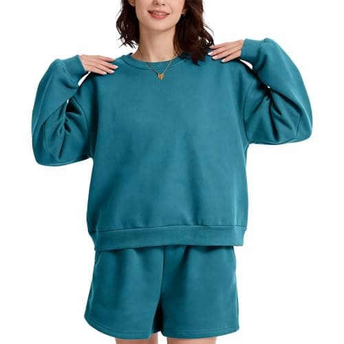 Anyshe Women's 2 Piece Fleece Lined Short Set - High Waisted Crew Neck Sweatshirt & Shorts, Soft Cozy Loungewear for Air Conditioned Rooms & All Season Wear, Denim Blue, Small - Image 1