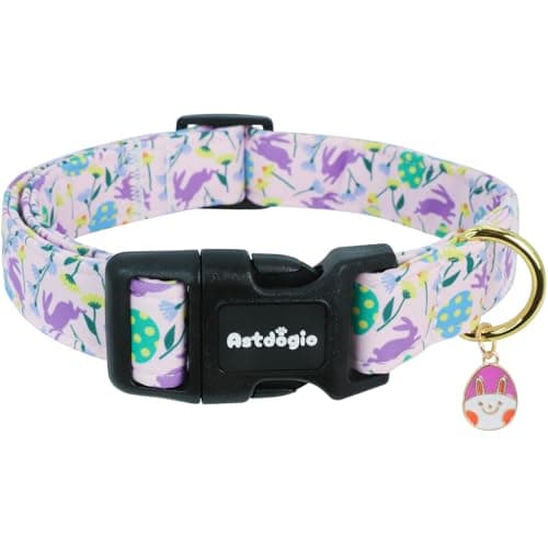 Astdogio Easter Dog Collar, Spring Easter Egg Print Dog Collar with Purple Rabbit, Adjustable Cotton Puppy Collars Girl Boy Collar for Small Medium Large Dogs -XS
