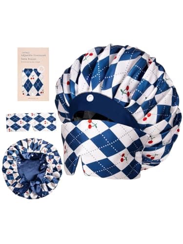 Vettres Pleated Silk Sleeping Bonnet with Eye Mask Double Layer Satin Hair Bonnets Sleep Cap for Curly Natural Hair Blue White Cherry - Image 1