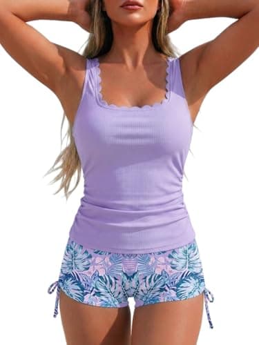 NIeyook Flattering Bathing Suits for Women 2026 Modest Tummy Control Swimsuit Two Piece Tankinis with Shorts 2026 Slimming Swimwear Purple Leaves - Image 1