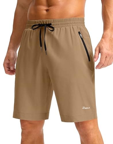 Pudolla Mens Running Shorts with Zipper Pockets 7 Inch Lightweight Quick Dry Gym Athletic Workout Shorts(Dark Khaki L9_XL) - Image 1