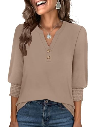 ANRABESS Women's 3/4 Sleeve Henley Blouse, Soft V Neck Top for Dressy Casual, Work & Business Office Wear Light Khaki Large - Image 1