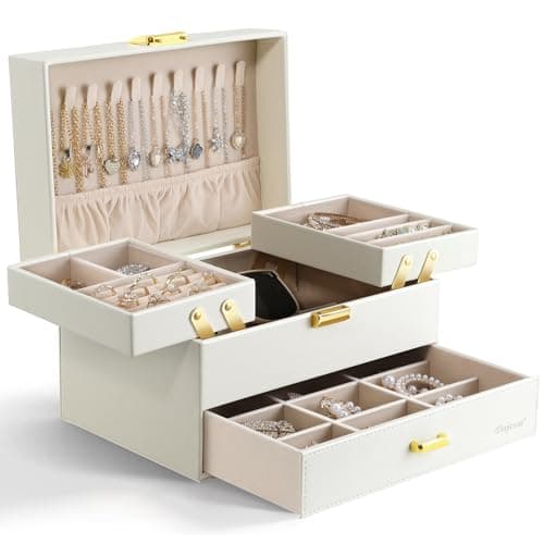 Dajasan Jewelry Organizer Box, Large Jewelry Boxes for Women Girls, Compact 3 Layers Jewelry Storage Case with Drawer, Movable Metal Stand, Modern, Gift Idea (Cloud White + Gold) - Image 1