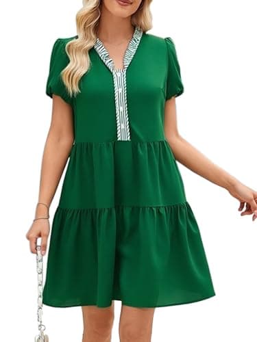 CCTOO Womens Casual Summer Dresses V Neck Button Floral Puff Short Sleeve Flowy Holiday Mini Dresss Green S - Image 1