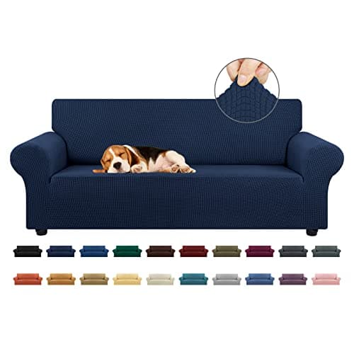 KEKUOU Stretch Sofa Cover Slipcover ,Couch Covers for 3 Cushion Couch Sofa pet Friendly (78"-94") Furniture Protector Sofa with Elastic Bottom for Kids,Dog, Jacquard Small Checked(Large,Navy Blue) - Image 1