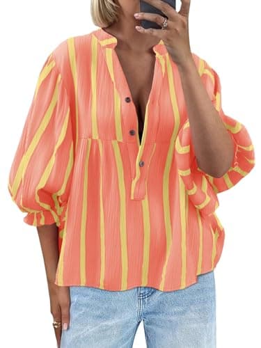 Tankaneo Womens Puff Sleeve Babydoll Tops Summer V Neck Striped Blouse Cute Casual Loose Fit Flowy Shirts Orange Pink - Image 1