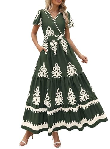 PRETTYGARDEN Womens 2026 Summer Casual V Neck Boho Maxi Dress Flowy Aline Bell Sleeve Tiered Floral Dresses with Pocket (Floral Army Green White,X-Large) - Image 1