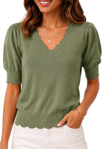 MONORA Women’s Short Sleeve Sweater Puff Sleeve Scalloped V Neck Knit Top Lightweight Pullover for Work Business Casual Sage Green - Image 1