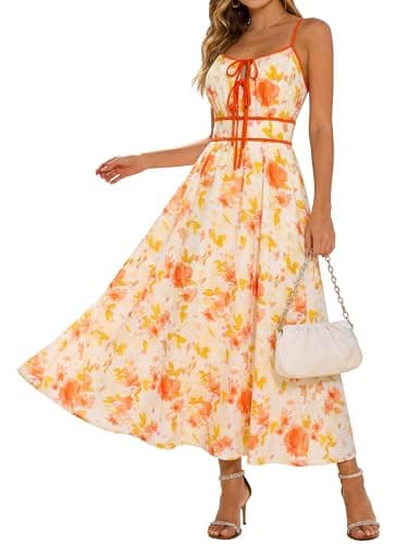GRACE KARIN 2026 Women's Summer Maxi Floral Dress, Spaghetti Strap Tie Front Boho Sundress with Pockets, Yellow 2XL - Image 1