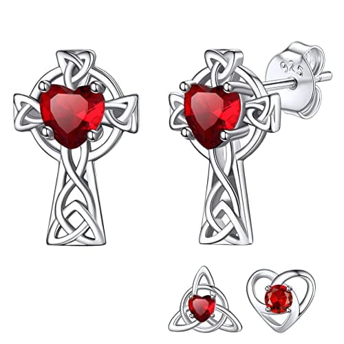 Bestyle Red Ruby Cystal Earrings Sterling Silver Birthstone Earrings Good Luck Irish Celtic Knot Triangle Fashion Love Celtic Stud Earrings for Women - Image 1