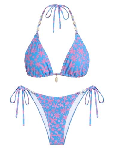 ZAFUL Blue Pink Floral Cheeky Bikini Sets for Women Two Piece Bathing Suits Brazilian High Cut String Triangle Bikini Swimsuit for Vacation, X-Large - Image 1