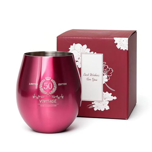 TJ 50th Birthday Gifts for Her Vintage Engraved Wine Glass - 50th Birthday Stainless Steel Stemless Wine Glass Birthday Decoration, 50 Year Old Birthday Gift for Women Men Wife Friend Sister, Hot Pink - Image 1