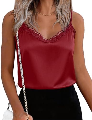 ouansyltg Satin Tank Tops for Women Spaghetti Strap V Neck Silk Camisole Tops Summer Basic Sleeveless Blouse Tank Shirts Wine Red - Image 1