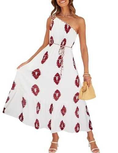 CCTOO Women's Floral Print Maxi Dress 2026 Sleeveless Summer Knot One Shoulder Flowy Boho Dresses with Pockets Red L - Image 1