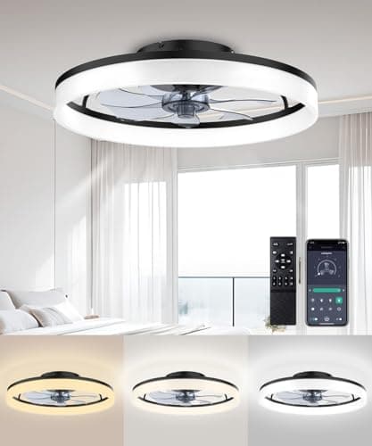 FancyMay Ceiling Fans with Lights and Remote, 20" Modern Low Profile Ceiling Fan, 6-Speed Quiet Reversible Motor, Flush Mount LED Fan Light,Stepless Dimmable for Bedroom & Kids Room (Black) - Image 1