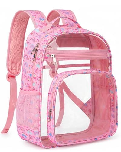 Soimeat Clear Backpack for Girls - Large Kids Clear Bookbag - Fabric & PVC Transparent Backpacks for Elementary School, Pink Rainbow - Image 1