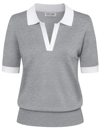 Kate Kasin Women Summer Color Block Knitted Tee Shirt Casual Short Sleeve Ribbed Hem Sweater Tops Light Grey XL - Image 1