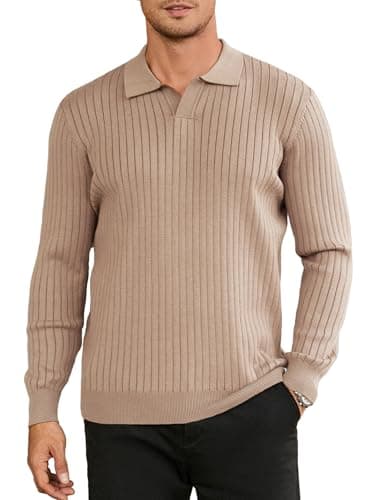 Hardaddy Men's Ribbed Knit Sweater Casual Long Sleeve Polo Sweater Collared V Neck Polo Shirts Solid Pullover Tops Apricot XL - Image 1