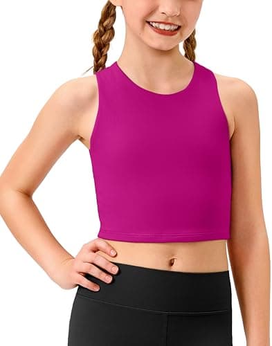Lollgirl Girls Athletic Tank Tops Kids Dance Workout Shirts Non-See-Through Sleeveless Tops for Teens 5-14Years(Rose Pink,5-6 Years) - Image 1