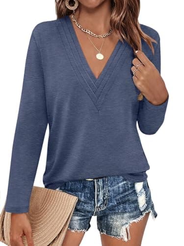 EasyGala Womens Deep V Neck Long Sleeve Shirts Pleated Dressy Casual Tops Sexy Loose Fit T Shirt Navy XX-Large - Image 1