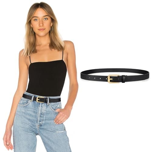 WHIPPY Casual Leather Belt for Women Skinny Waist Belt Thin Fashion Belt for Jeans Pants Dresses, Bowknot-Shaped Gold Buckle, Black, L - Image 1