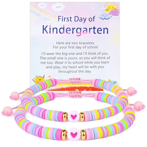AYJDXXKJ First Day of School Mommy and Me Matching Bracelets Kindergarten Pre-K Back to School Clay Bead Jewelry for Mother, Daughter, Dad, Son Adjustable Heart Bracelets Gift (Pink-Back to School) - Image 1