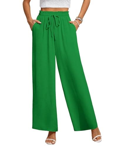 CZYINXIAN Women's Fashion Wide Leg Pants Flowy Adjustable Tie Knot Elastic Waist Pants with Pockets(Green, X-Large) - Image 1