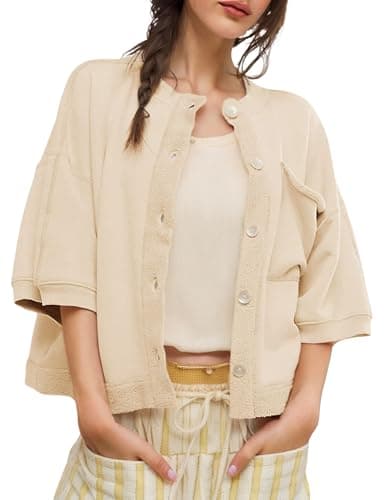 QIBABU Womens Button Down Cardigan Casual Open Front 3/4 Sleeve Crewneck Sweatshirt Tops(2142-Beige-XS-QB) - Image 1