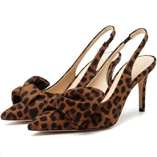 Moloershow Slingback Heels for Women with Bow Pointed Toe Stiletto Pumps with Elasticated Strap 3.3" High Heels Red Carpet Event Stilettos Suede Leopard Size 6.5 - Image 1