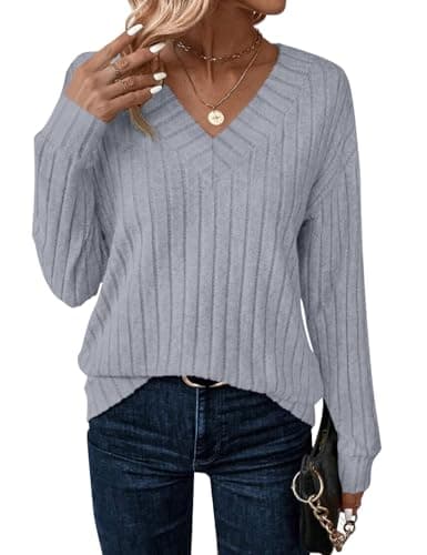 JUSTFASHIONNOW Womens V Neck Long Sleeve Shirt Fall Fashion Tunic Tops Dressy Casual Sweaters 2025 Trendy Work Blouses Outfits(Sky Blue,X-Large) - Image 1
