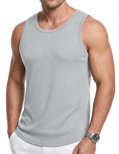 Cotrasen Tank Tops Men Casual Ribbed Knit Sleeveless Shirts for Men Fitness T Shirt Cut Off Gym Workout Muscle Tee LightGrey S - Image 1