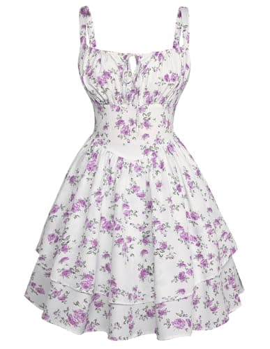 Scarlet Darkness Floral Mini Corset Dress for Women Teen 2026 Summer Spring Flowy A-Line Sundress with Pockets White Purple Floral M - Image 1