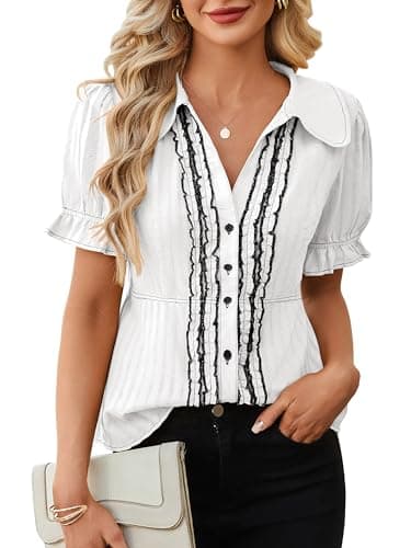 ECOWISH Women's Button Down Shirt - Peter Pan Collar Cotton Blouse Summer Dressy Short Sleeve Loose Fit Work Tops White M - Image 1