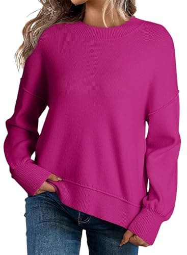 Dokotoo Oversized Sweaters for Women Crewneck Crop Ribbed Knit Tops Solid Color Patchwork Fall Winter Business Casual Pullover Sweater Trendy Rose Red Large - Image 1