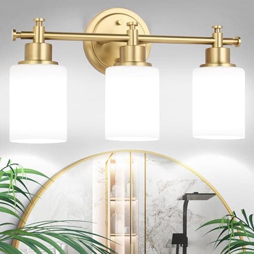 imizdlum 3-Light Gold Bathroom Vanity Light Fixtures, Brushed Gold Wall Sconce, Champagne Gold Vanity Light with Milky White Glass Shade Over Mirror, Bathroom, Bedroom, Modern Style, E26 Base - Image 1