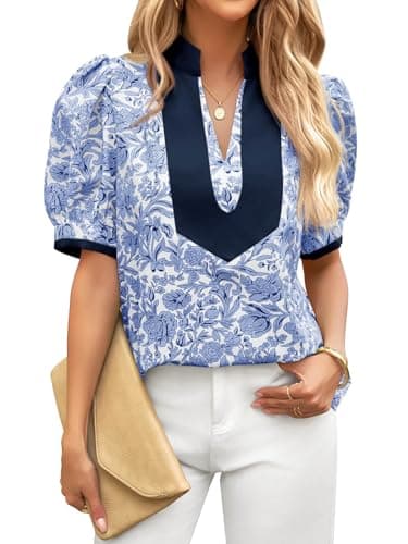 Cicy Bell Womens Floral Short Puff Sleeve Tops V Neck Patchwork Boho Summer Vacation Casual Blouses Blue - Image 1