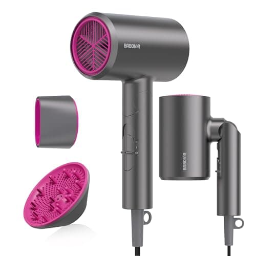 BABONIR Hair Dryer with Diffuser for Women, 1875W Fast Drying Ionic Blow Dryer for Home Use, Lightweight Foldable Hairdryer with Concentrator Nozzle, 3 Heat 2 Speed Settings, Gray - Image 1