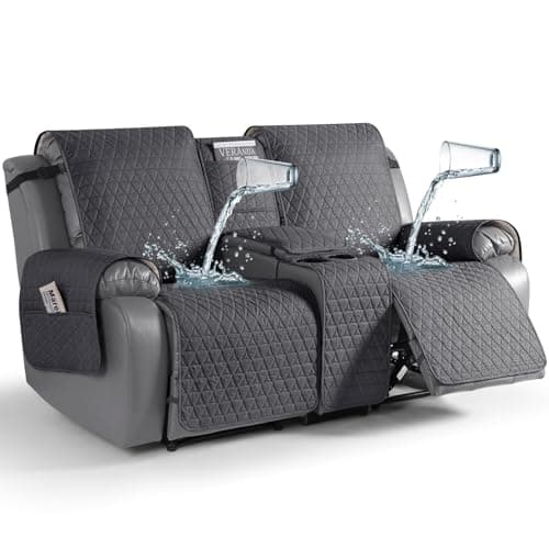 TAOCOCO 100% Waterproof Loveseat Recliner Covers with Console, Non Slip Recliner Covers that Stay in Place, Split Seat Design Washable Reclining Loveseat Cover with Elastic Straps, Black Gray - Image 1