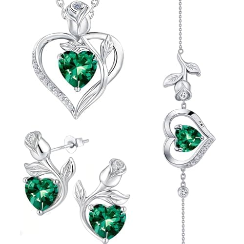 JACUPO Rose Heart Necklace Earrings Bracelet Set Moissanite/Lab-Grown Sapphire/Ruby Options S925 Silver Plated 18K White Gold Engraved I LOVE YOU Ideal for Mother's Day Proposal Gift for Girlfriend Wife (Necklace 1.2CT / Earrings 0.8CT) - Image 1