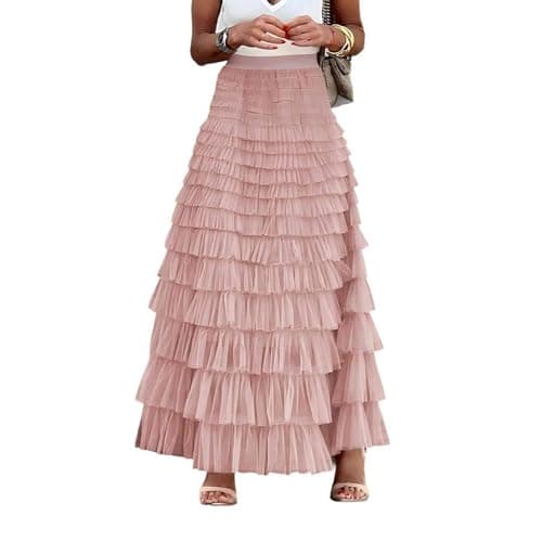 Mincib Womens Long Tulle Skirt A Line Ruffle Tiered Layered Skirts High Waisted Flowy Fairy Maxi Skirts Valentine's Day Gifts Outfit(Pink,L) - Image 1