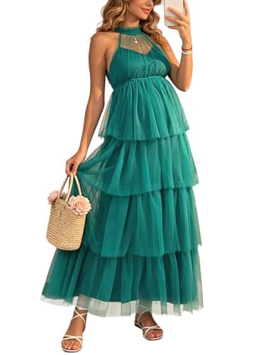 Yissang Women's Maternity Halter Neck Maxi Dress Tulle Layered Ruffle Back Tie Flowy Gown for Baby Shower Green - Image 1