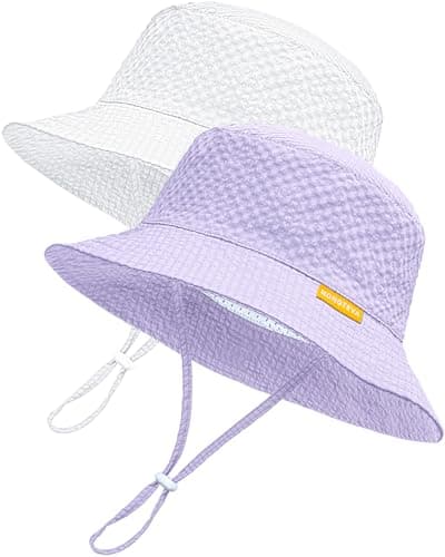 HONGTEYA Baby Sun Hat Toddler Boy Bucket Hat Kids Summer Beach Hat Wide Brim Sun Protection White/Purple - Image 1