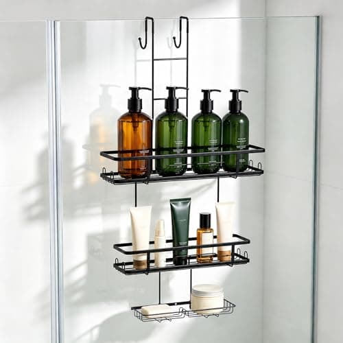OMAIRA Over The Door Shower Caddy, 3-Tier Hanging Shower Organizer with 8 Hooks & Soap Holder, Height-Adjustable Rustproof Bathroom Shelf for Shower Door, No Drilling Storage Rack, Black - Image 1