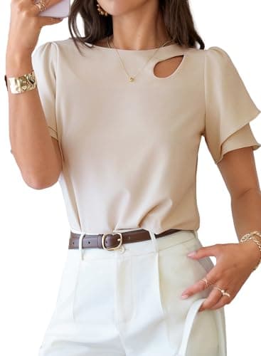 Dokotoo Women's Short Sleeve Casual Shirts Summer Ruffle Plain Round Neck Loose Fit Tee Blouse Tops Double Layer Sleeve Cut-Out Blouse Casual Outfits Beige Small - Image 1